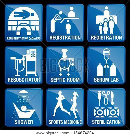 Set of Medical Icons in blue square background - REFRIGERATION OF CADAVERS, REGISTRATION, RESUSCITATOR, SEPTIC ROOM, SERUM LAB, SHOWER, SPORTS MEDICINE, STERILIZATION