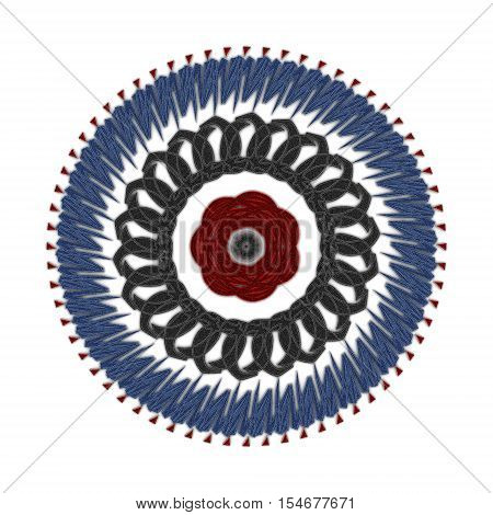 Graphic ornament with black, blue and red patterns on white background. 3d render