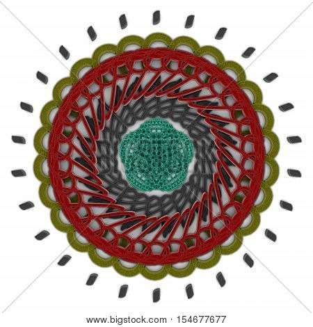 Graphic ornament with black, red, green and yellow patterns on white background. 3d render