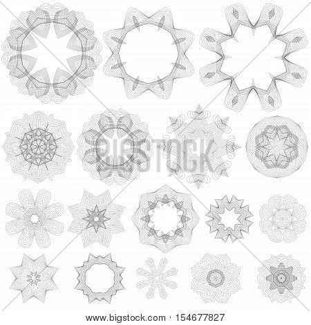Set of Guilloche Decorative Elements Isolated on White Background. Rosettes Collection