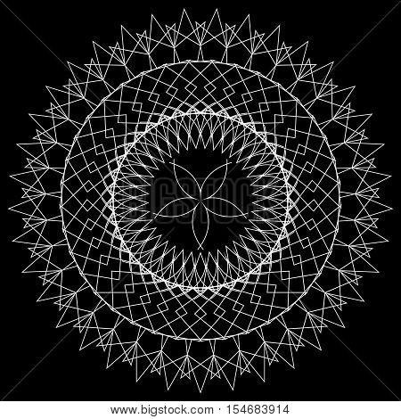 White graphic tracery ornament on black background