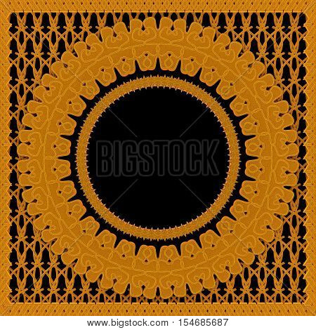 Golden ornament on black background with tracery patterns. 3d render