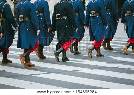 WW1 uniform French Battalion marching across zebra crossing.