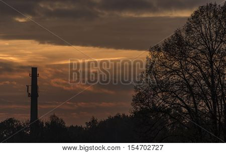 Sunrise near Krasna Lipa town in autumn time