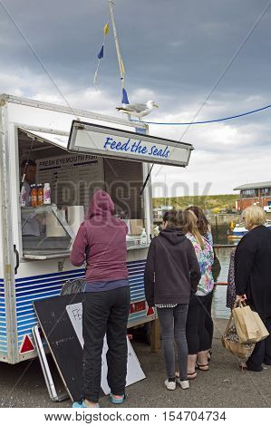 Tourists buying seals food in Eyemouth in Scotland. 07.08.2015