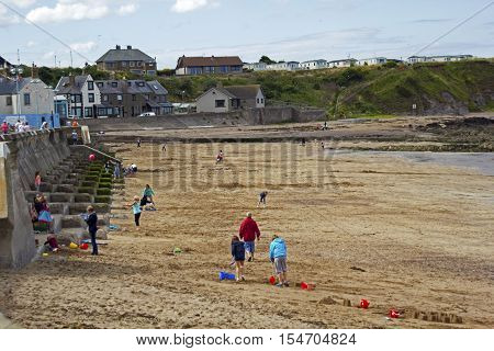 Tourists having fun in Eyemouth in Scotland UK. 07.08.2015