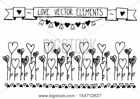 Card with the contours of the doodle hearts. Vector abstract floral decorative background with hearts.