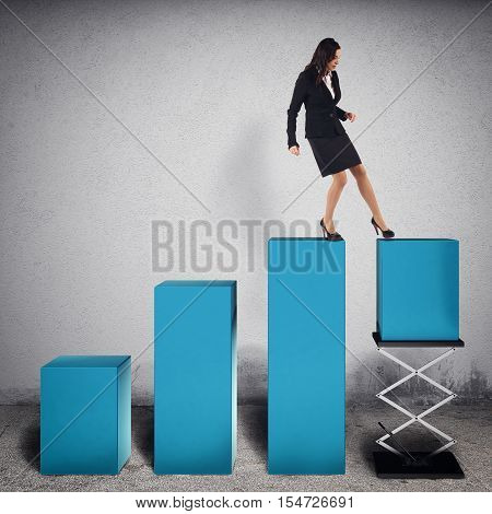 Businesswoman tampers a step of statistic lifting it with a spring to increase profits. 3D Rendering