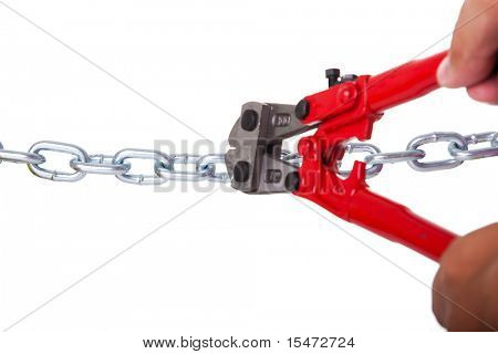 Zange Werkzeug schneiden eine Stahlkette (isolated on White)