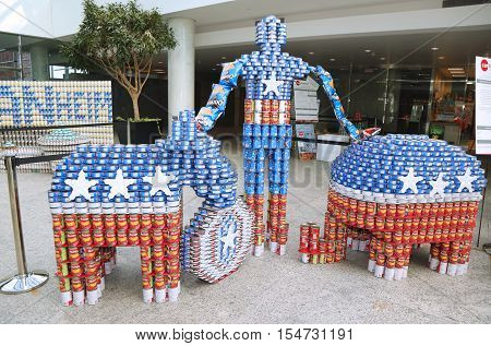 UNIONDALE, NEW YORK - NOVEMBER 1, 2016: Food sculpture presented at 10th Annual Long Island Canstruction competition in Uniondale. Teams build large scale sculptures out of canned food for food drive