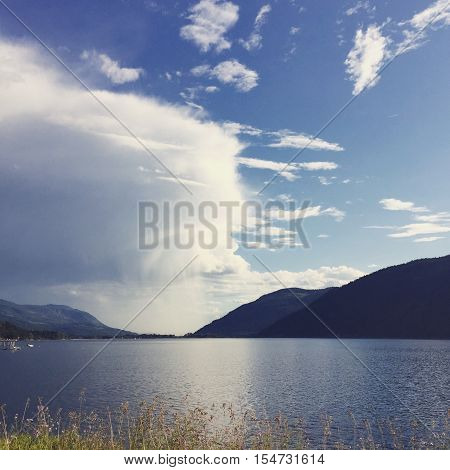 Storm cloud and reflection in lake. Instagram effects