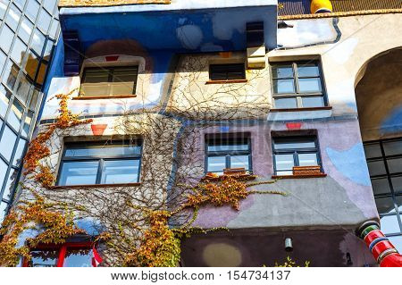 Vienna, Austria - October 14, 2016: Facade Of Huntdertwarsser House In Vienna. The Hundertwasser Hou