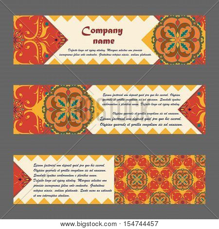 Vector set of colorful horisontal banners for business and invitation. Portuguese Moroccan; Arabic; asian ornaments. Geometric and floral motifs
