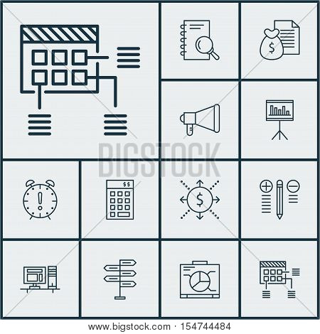 Set Of Project Management Icons On Analysis, Computer And Announcement Topics. Editable Vector Illus