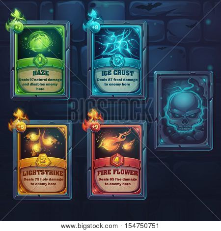 Set spell cards of nature ice fire light. For web video games user interface design
