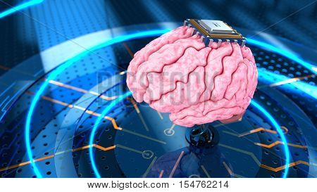Human brain with computer processor on the metall perforated. Concept 3d render illustration