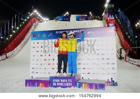 MOSCOW - FEB 13, 2016: Winners at World Cup FIS Freestyle at night in Krylatskoye