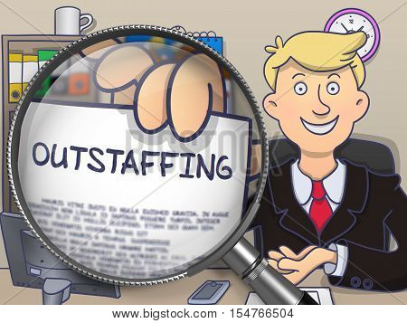 Outstaffing on Paper in Businessman's Hand to Illustrate a Business Concept. Closeup View through Lens. Colored Modern Line Illustration in Doodle Style.