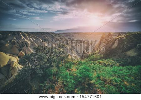Amazing sunrise in Cappadocia, Turkey, toned like Instagram filter