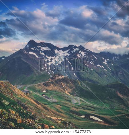 Beautiful view from top of cableway above the Konigsee lake on Schneibstein mountain ridge. Border of German and Austrian Alps, Europe. Toned like Instagram filter
