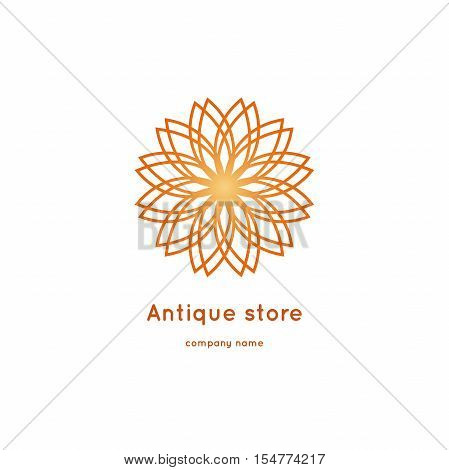 Luxury logotype for antique store. Ornamental vector symbols. Volumetric golden big bud. Isolated abstract colorful vector logo. Vector vintage mandala logo. Kaleidoscope flower