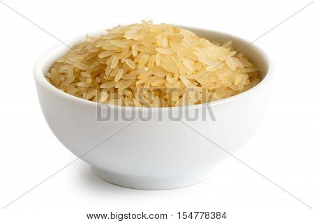 Bowl Of Long Grain Parboiled Rice Isolated On White.