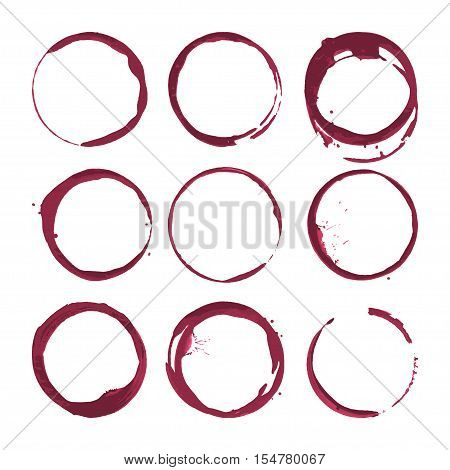 Red wine stains. Traces wine splashes set. Vector