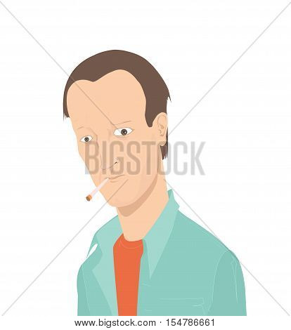Portrait of a smoking man with concentrated nervous look. Vector illustration. Cartoon style. Isolated on white background.