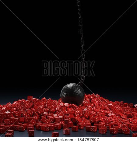 3d rendering of a dice wall demolished by a wrecking ball