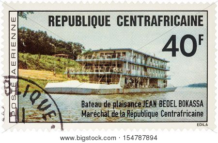 MOSCOW RUSSIA - AUGUST 05 2016: A stamp printed in Central African Republic shows recreation river vessel 