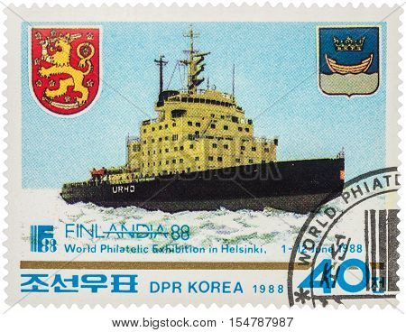 MOSCOW RUSSIA - AUGUST 17 2016: A stamp printed in DPRK (North Korea) shows nuclear-powered icebreaker devoted to the World Philatelic Exhibition in Helsinki circa 1988
