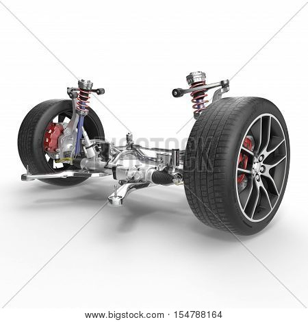 Front suspension with wheel of drive car. New tire. On white background. 3D illustration
