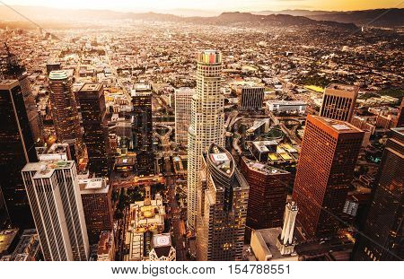 aerial view of los angeles skyline at dusk