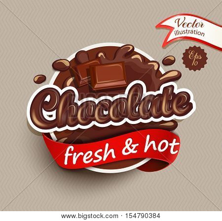 Vector illustration label of chocolate drops and blot with lettering . Sweet and stain and shape.