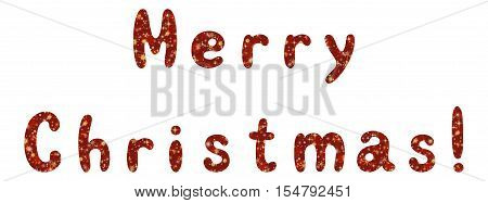 Lettering holiday festive greeting Merry Christmas, words with a red and yellow background with snowflakes and stars. Eps10, contains transparencies. Vector.