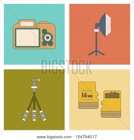 assembly of flat icon technology photo camera professional lighting tripod micro SD