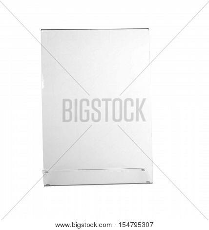 Transparent acrylic table stand display for menu in isolated white background