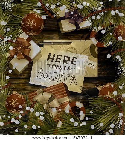 Christmas New Year design wooden background with christmas decorations candy canes snow and balls arranged in a frame with gift boxes and envelope for santa in red and in old grange photo style.