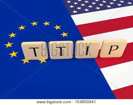 Letter Tiles: TTIP between the USA and the European Union with US And EU Flag 3d illustration