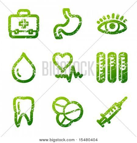 Groene grunge geneeskunde contour pictogrammen V2