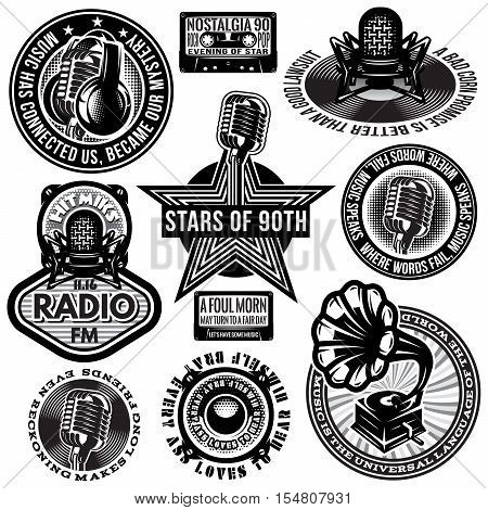 set of retro badges templates gramofon microphones speakers headphones audiocassette