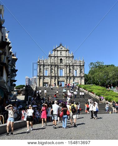 Macau China - Oct 28 2016. Ruins of St. Paul's is crowded of tourists