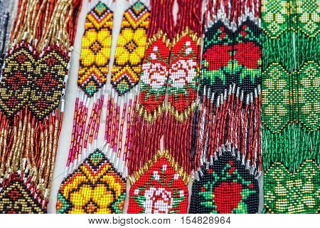 Bead necklaces display Ukrainian ornamental decoration, Ukraine