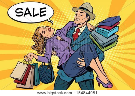 Discounts and sales. Retro man carrying woman on his hands, pop art vector. The concept of the sale season, the holidays and Black Friday