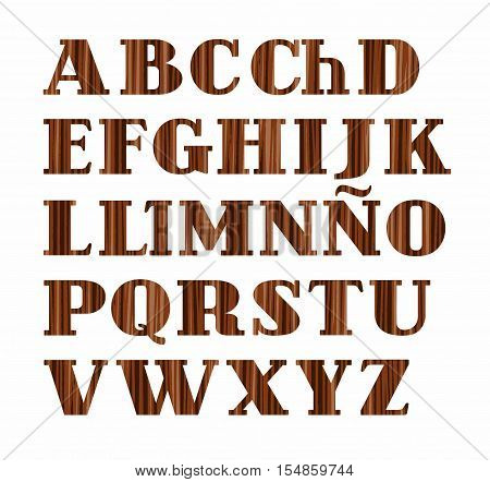 Spanish alphabet, capital letter, wood texture, imitation, vector. Vector font, on a white background. Brown letters, imitation wood texture.