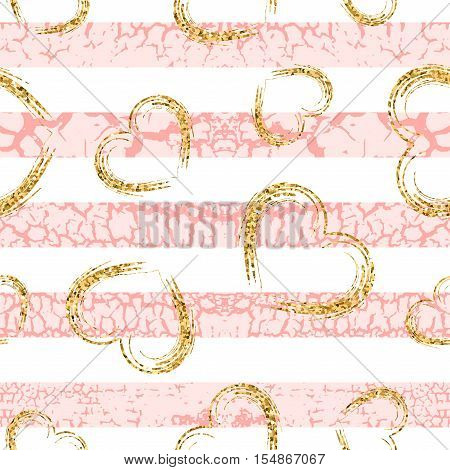 Gold grunge hearts craquelure stripes seamless pattern. Golden glitter confetti. White and pink background. Love Valentine day wedding design card wallpaper wrapping textile Vector Illustration