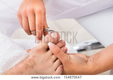 Close-up Of A Manicurist With Scissors Trimming Person's Toenail