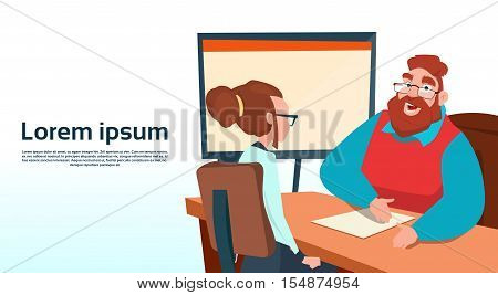 Businessman Sitting Office Desk Businesswoman Apply Job Interview Business People Candidate Flat Vector Illlustration