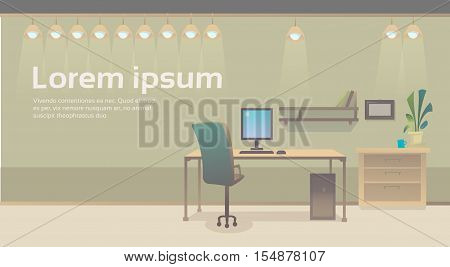 Empty Workplace Desk Chair Computer Workspace Office Interior No People Flat Vector Illustration