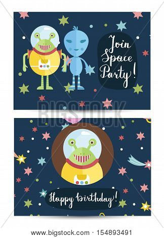 Happy birthday cartoon greeting card on space theme. Two funny aliens character on blue background with colofful stars and comets vector illustration. Bright invitation on childrens costumed party